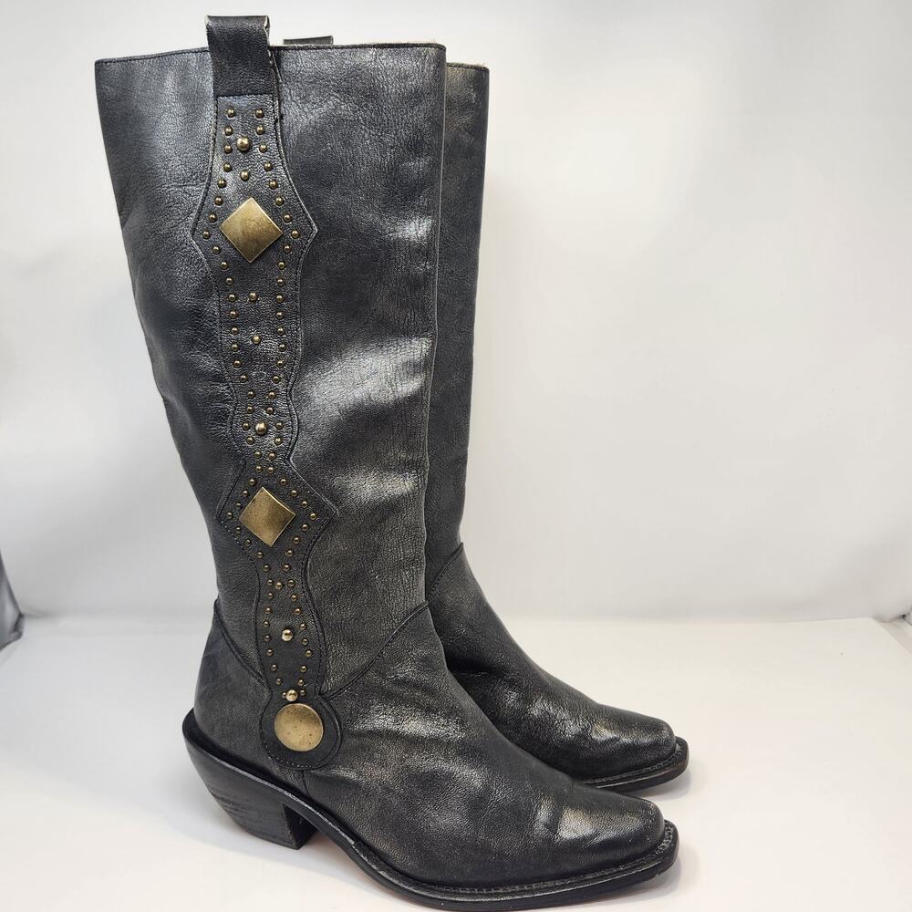 Baci Pistol Metallic Leather Pull On Boots Women Size 7.5M Studded Snip Toe